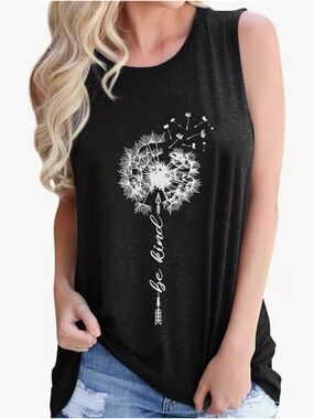 Black 'Be Kind' Dandelion Graphic Sleeveless Tank Top size 2XL